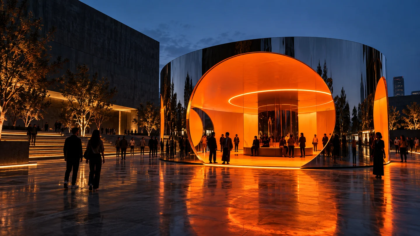 Concepto de una instalación circular cromada y naranja para una experiencia de marca en una plaza