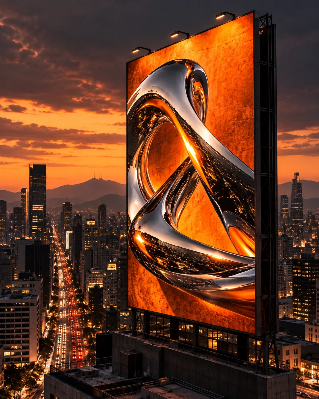 Concepto visual de un espectacular naranja con una escultura cromada sobre una ciudad al atardecer